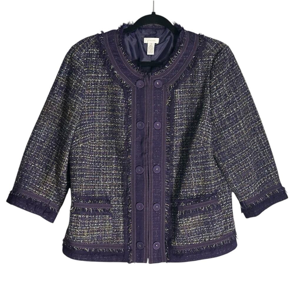 Chicos Sz 2 Large Purple Metallic‎ Tweed Jacket Wool Blend Raw Hem Fringe Blazer